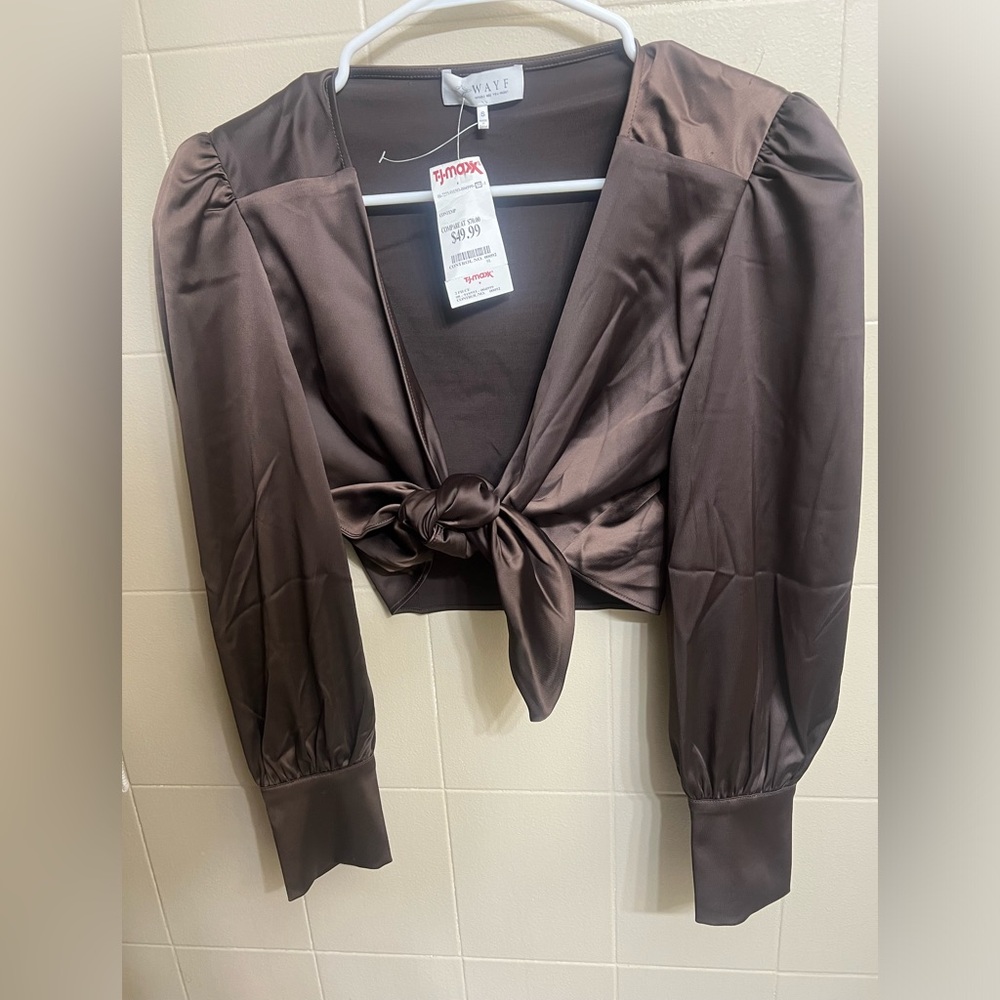 WAYF Brown Satin Tie Top